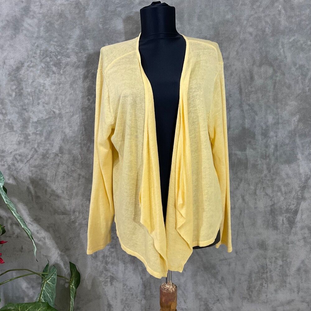 J Jill Linen Blend Cardigan Sweater Womens L Yellow Open Waterfall Lightweight